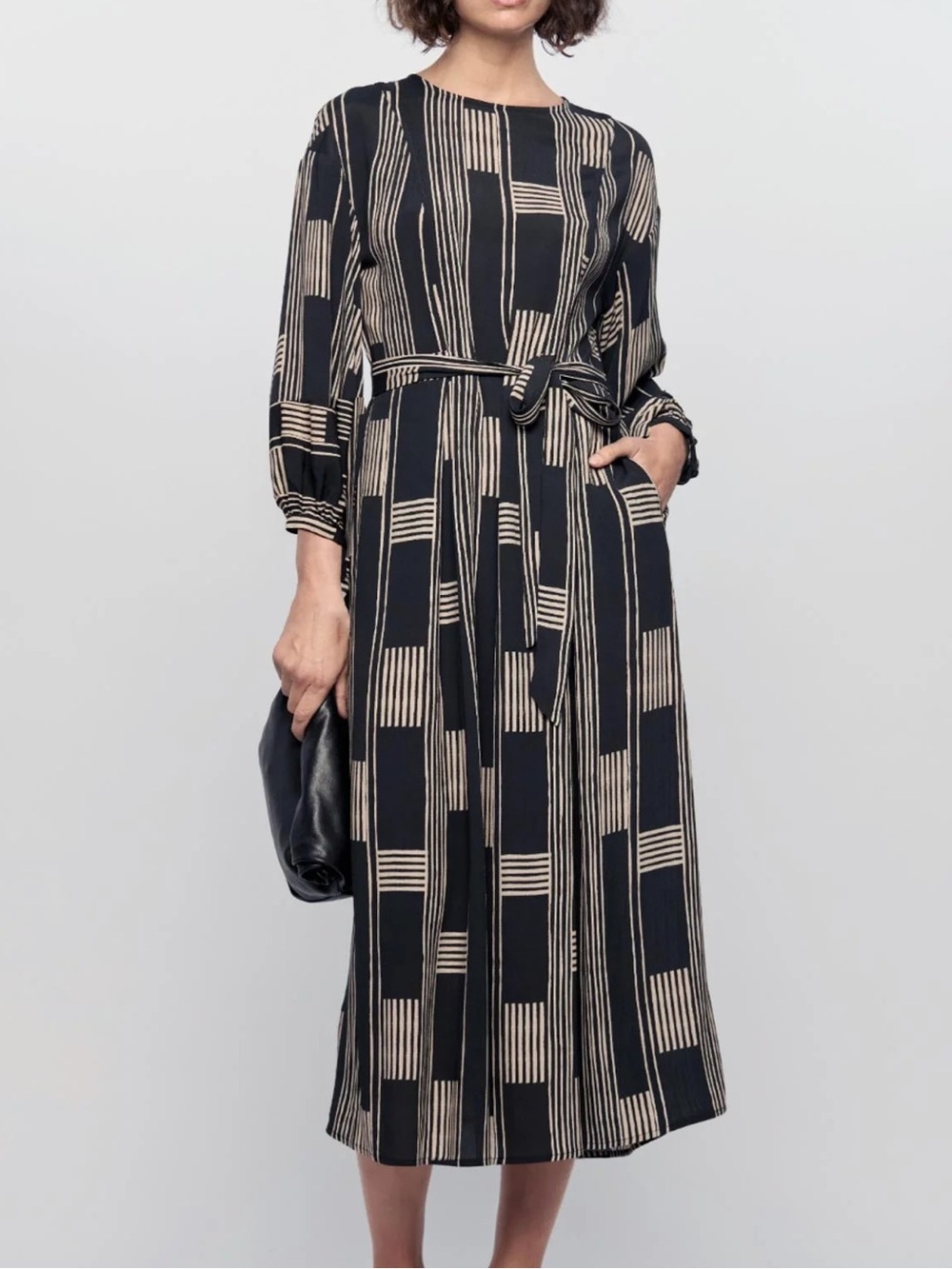 Staple the Label Marina Midi Dress Geometric Stripe with Tie Waist Size 8